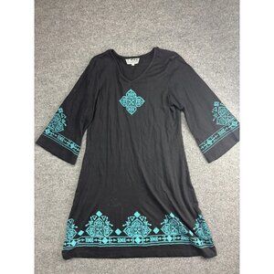 Back In The Saddle Dress Womens Large Black Turquoise Embroidered Boho Cotton